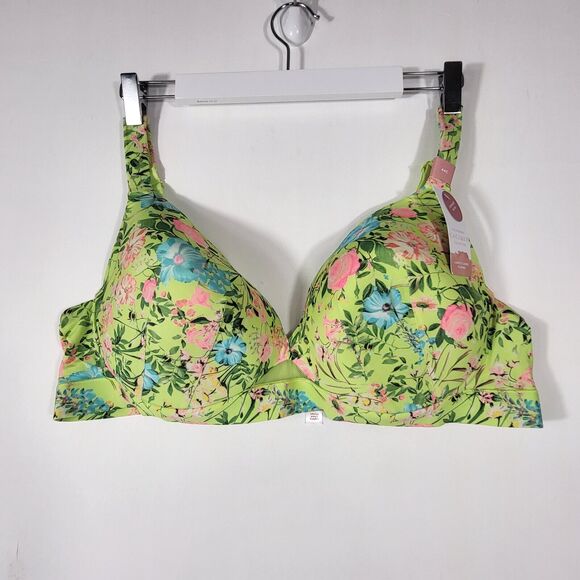 Cacique Women Comfort Bliss Bra 44C Green Floral Lightly Lined Plunge Underwire - Picture 2 of 6